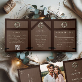 Invitación Tríptica Boda formal del Escudo de Eucalipto Barn Wood rúst