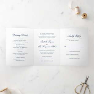 Invitación Tríptica Boda Formal Elegante Azul Marino Tradicional