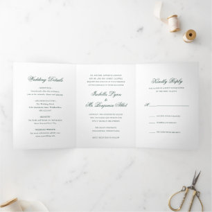 Invitación Tríptica Boda Formal Elegante Tradicional Bosque Verde