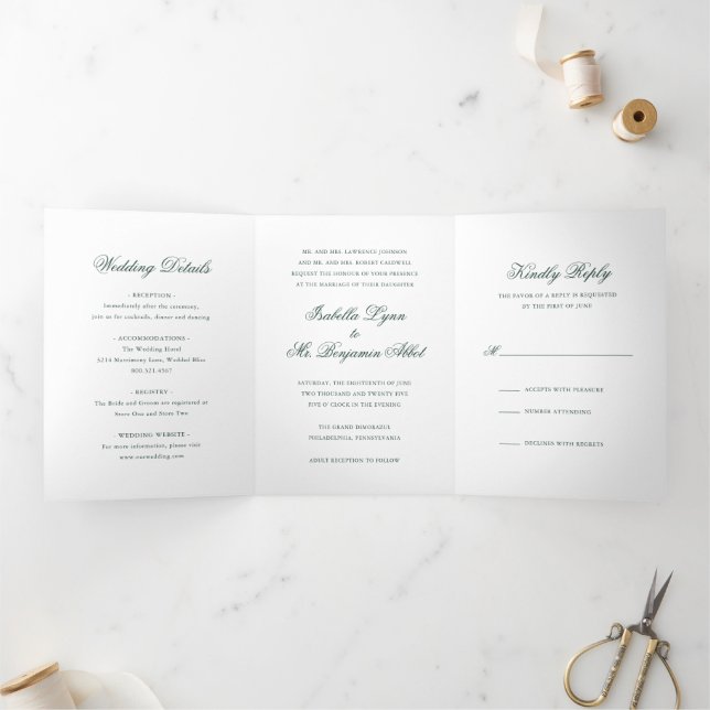 Invitación Tríptica Boda Formal Elegante Tradicional Bosque Verde (Interior)
