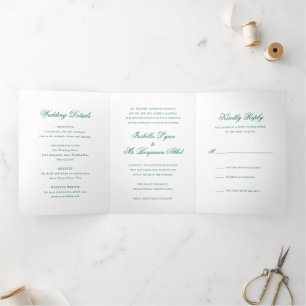 Invitación Tríptica Boda Formal Elegante Verde Esmeralda Tradicional