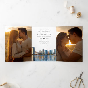 Invitación Tríptica Boda Foto Código QR 3 de la Silueta de San Diego