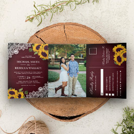 Invitación Tríptica Boda Foto de Girasoles con Encaje de Madera Burgun
