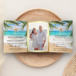 Invitación Tríptica Boda Foto de hojas de palmera de playa tropical y 