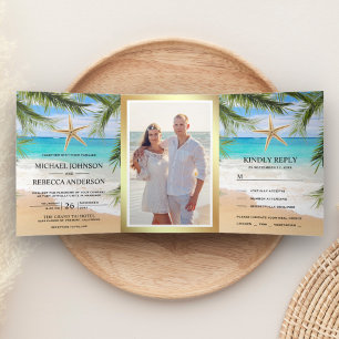 Invitación Tríptica Boda Foto de hojas de palmera de playa tropical y