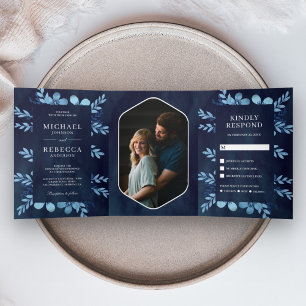 Invitación Tríptica Boda Foto Floral Acuarela Azul Polvo Marina