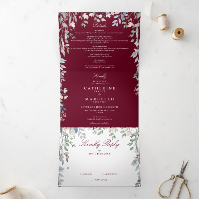 Invitación Tríptica Boda Foto Flores Silvestres de Borgoña (Interior)