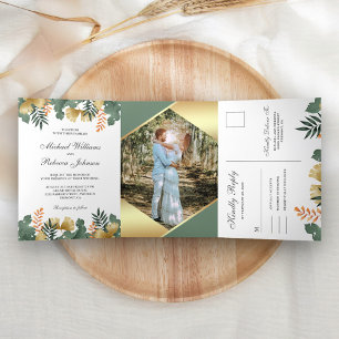 Invitación Tríptica Boda Foto Hojas Tropicales Geométricas con Hojalat