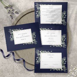Invitación Tríptica Boda Foto Hojas Verde Botánico Azul Marino