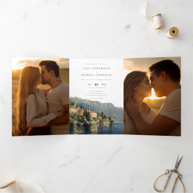 Invitación Tríptica Boda Foto Lago Como Italia Código QR 3 (Interior)