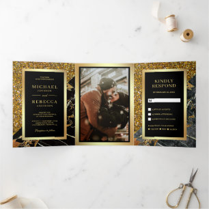 Invitación Tríptica Boda Foto Mármol Negro Brillo Dorado