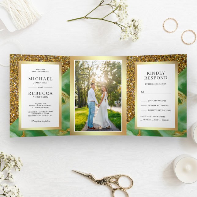 Invitación Tríptica Boda Foto Mármol Verde Menta Brillo Dorado (Subido por el creador)