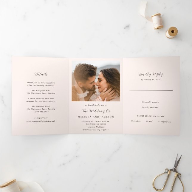 Invitación Tríptica Boda Foto Neutral Terroso Moderna (Interior)