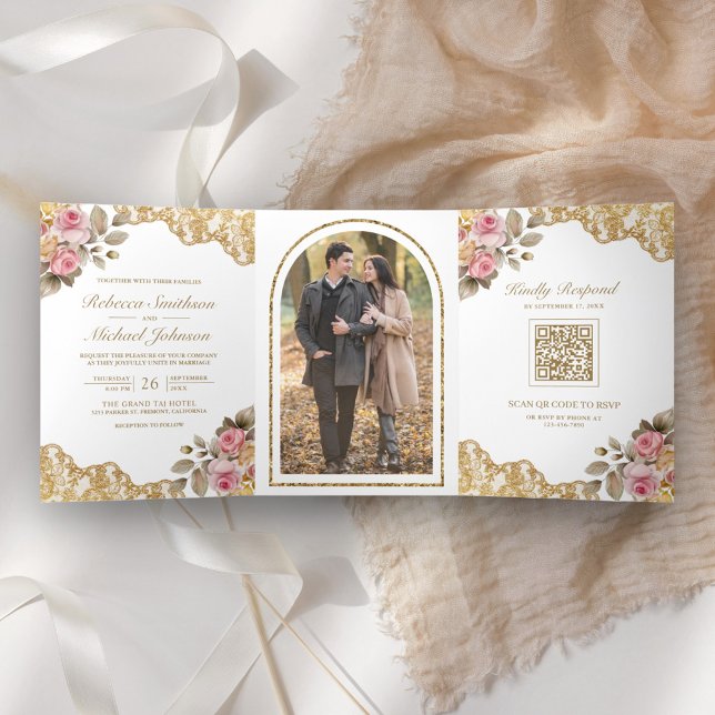 Invitación Tríptica Boda fotográfico de código QR de encaje dorado flo (Subido por el creador)