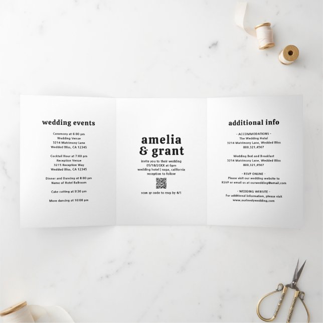 Invitación Tríptica Boda fotográfico de código QR en blanco y negro de (Interior)