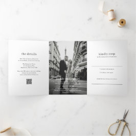 Invitación Tríptica Boda fotográfico de código QR moderno mínimo