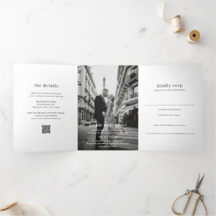 Invitación Tríptica Boda fotográfico de código QR moderno mínimo