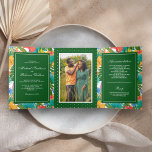 Invitación Tríptica Boda fotográfico de colores tropicales exóticos<br><div class="desc">Invite a sus huéspedes con esta invitación nupcial única con flores vibrantes y hojas tropicales con tipografía elegante. Simplemente agregue los detalles de su evento en esta plantilla fácil de usar y adorne esta tarjeta con su foto favorita para convertirla en una invitación única.</div>