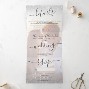 Invitación Tríptica Boda fotográfico de escritura blanco oscuro de pur