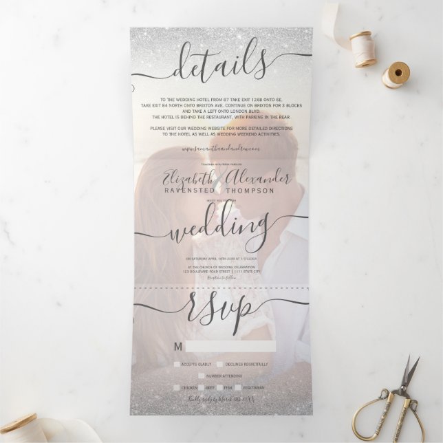 Invitación Tríptica Boda fotográfico de escritura blanco oscuro de pur (Interior)