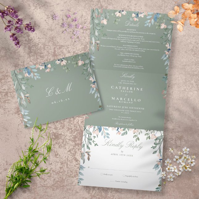 Invitación Tríptica Boda fotográfico de Flores Silvestres de Sage Gree (Subido por el creador)