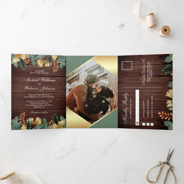 Invitación Tríptica Boda fotográfico de hojas tropicales geométricas d (Interior)