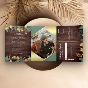 Invitación Tríptica Boda fotográfico de hojas tropicales geométricas d