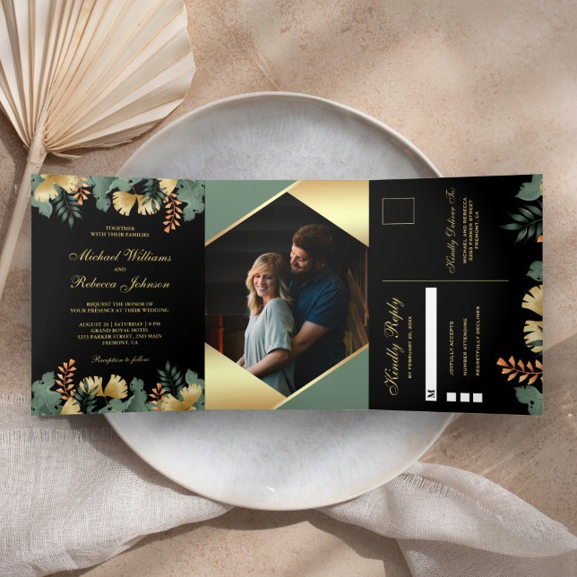 Invitación Tríptica Boda fotográfico de hojas tropicales geométricas d (Subido por el creador)