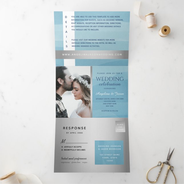 Invitación Tríptica Boda fotográfico de la tipografía azul plateada mo (Interior)