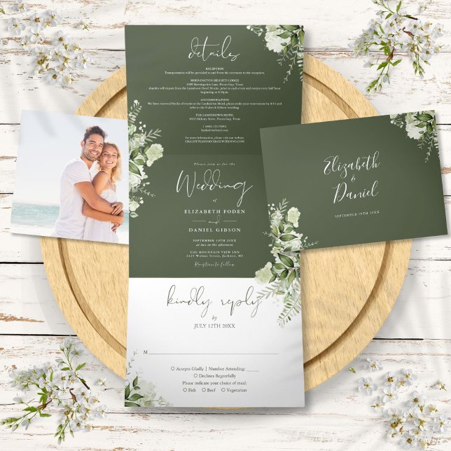 Invitación Tríptica Boda fotográfico de la vegetación botánica moderna (Olive Modern Botanical Greenery Photo Wedding Tri-Fold Invitation)