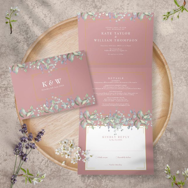 Invitación Tríptica Boda fotográfico de Lilac Foliage Dusty Rosa (Subido por el creador)