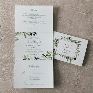 Invitación Tríptica Boda fotográfico de rama de olivo moderno todo en 