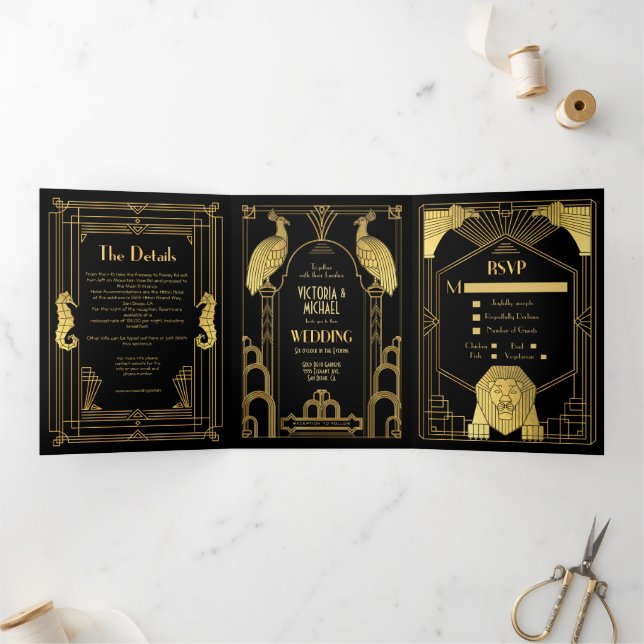 Invitación Tríptica Boda fotográfico del caballito de mar Art Deco (Interior)