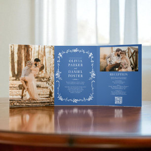 Invitación Tríptica Boda fotográfico del código QR de Royal Blue Frenc