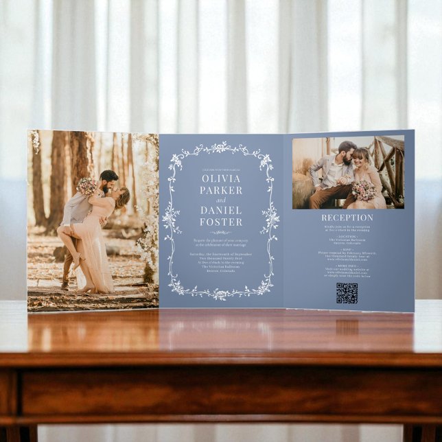 Invitación Tríptica Boda fotográfico Dusty Blue French Victorian QR Co (Subido por el creador)
