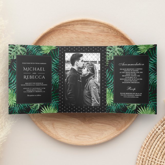 Invitación Tríptica Boda fotográfico gris oscuro y follaje verde (Subido por el creador)
