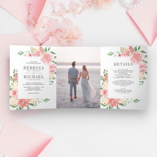 Invitación Tríptica Boda fotográfico Rosa de floración rosa Rubor (Subido por el creador)