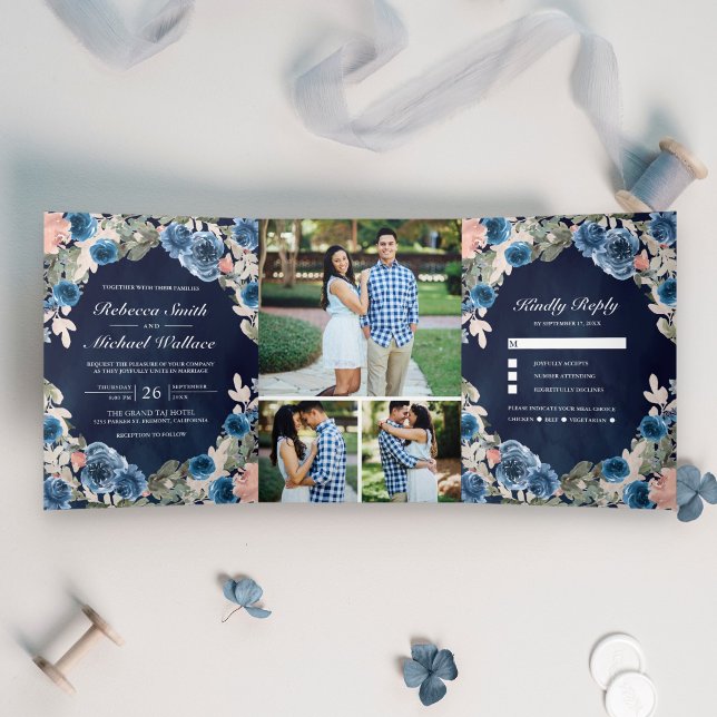 Invitación Tríptica Boda fotográfico Rubor Pink Navy Blue Floral Midni (Subido por el creador)