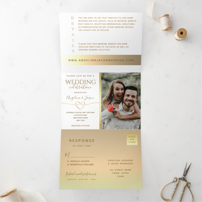 Invitación Tríptica Boda fotográfico simple de caligrafía de oro (Interior)
