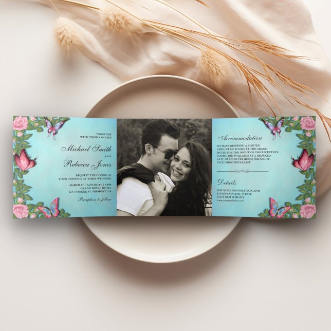 Invitación Tríptica Boda fotográfico sobre la mariposa floral azul y r (Subido por el creador)