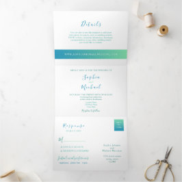 Invitación Tríptica Boda fotográfico Verde azulado minimalista