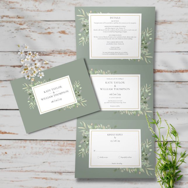 Invitación Tríptica Boda fotográfico verde de vegetación botánica (Subido por el creador)