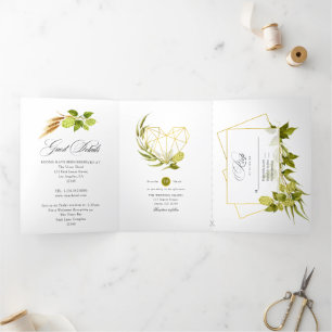 Invitación Tríptica Boda geométrica verde y dorada de cerveza Willow