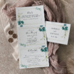 Invitación Tríptica Boda Geométrico Gold Tropical Greenerenery<br><div class="desc">Esta invitación geométrica de bodas de oro tropical es perfecta para un boda rústico. El diseño se caracteriza por una vegetación predominantemente acuarela pintada a mano y flores doradas,  adornando un marco geométrico elegante.</div>