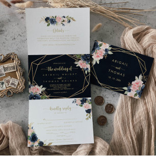 Invitación Tríptica Boda Geométrico Navy Rubor Floral Gold