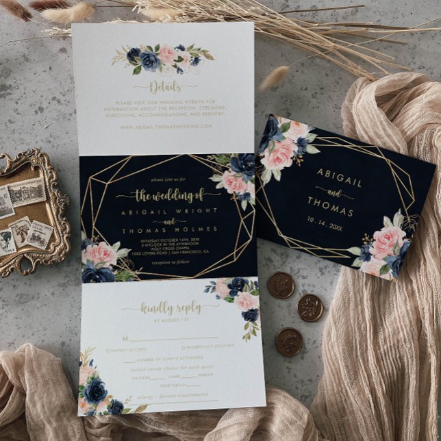 Invitación Tríptica Boda Geométrico Navy Rubor Floral Gold (Subido por el creador)