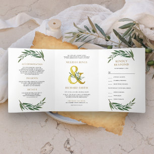 Invitación Tríptica Boda Gold Ampersand Rama de Olivo Todo en Uno