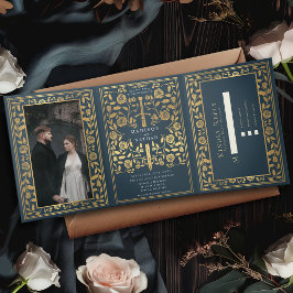 Invitación Tríptica Boda Gray Royal Medieval Sword