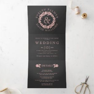 Invitación Tríptica Boda gris de carbón vegetal de rosa rugoso vintage