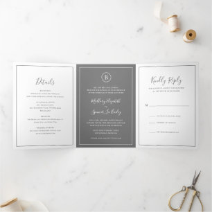 Invitación Tríptica Boda Gris Elegante Tradicional